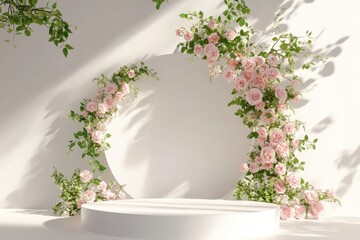Elegant White Podium with Pink Roses and Greenery for Product Display