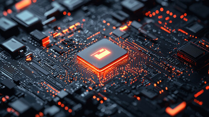 Obraz premium glowing central lock icon on circuit board, surrounded by intricate electronic components, creates futuristic and high tech atmosphere