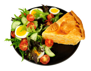 Shortcrust pastry potato and cheese filled pie slice meal with fresh egg salad isolated on a white background