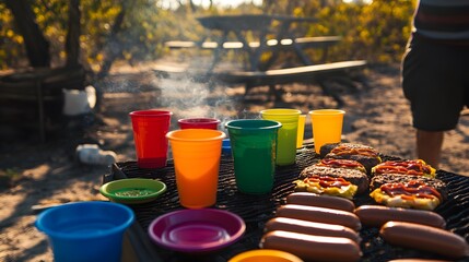 Colorful cups surround a grill cooking juicy burgers and hot dogs.  Smoke rises, adding to the summer BBQ atmosphere. A picnic table sits in the background.