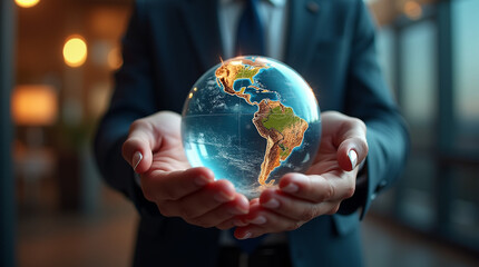 Fototapeta premium Micro Photography of Businessman Holding Global Business Globe: Digital Marketing Strategy and Creative Solutions for Business Development