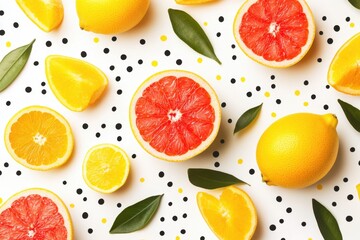 Naklejka premium Fresh citrus fruits flat lay with colorful polka dot background