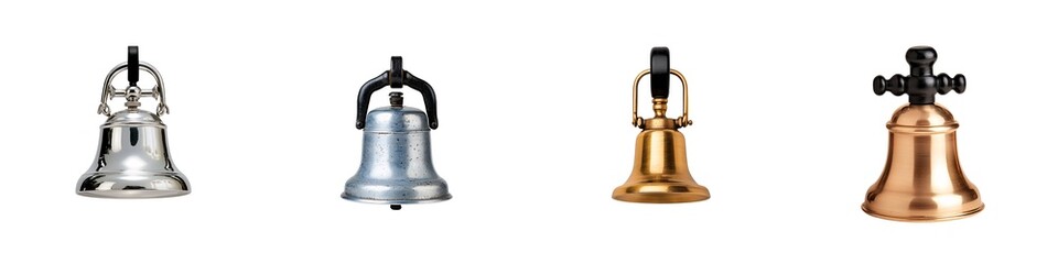 Musical Instruments isolated collection. Four distinct bells in varying metallic finishes, showcasing their unique designs and textures in a side-by-side arrangement.