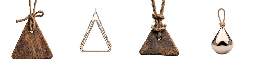 Musical Instruments isolated collection. Four unique triangular shapes crafted from various materials, showcasing a blend of natural and metallic textures.