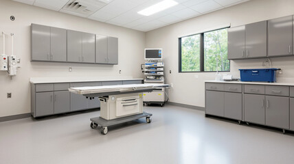 modern veterinary clinic interior with examination table and equipment