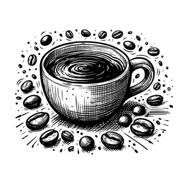 recommend clip art: coffee cup with coffee beans in black sketch illustration