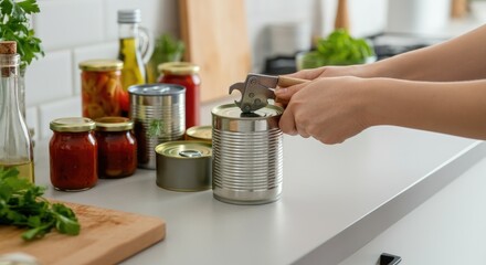 Person using can opener in modern kitchen with canned food
