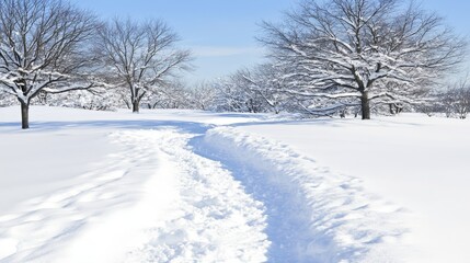 Serene winter path discover the beauty of nature snowy trail through an open field