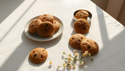 Obraz premium A_clipart_of_In_an_airy,_sunlit_Scandinavian_kitchen,_a_pristine_white_marble_countertop_shimmers_under_the_morning's_golden_light,_reflecting Generative AI