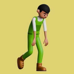 Sad black male cartoon character in casual green clothes, walking with his head lowered. 3d illustration African guy on yellow background.
