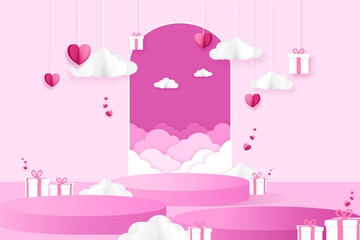 Happy Valentine's day in paper cut style. Pink Valentine card. Valentine background with loves, clouds and hearts. Illustration, graphic design, banner, poster, postcard, gift, wallpaper, cute, frame