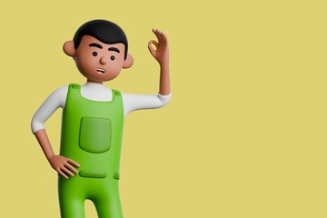 Black male cartoon character in casual green outfit, making an OK hand gesture. 3d illustration African man on yellow background.