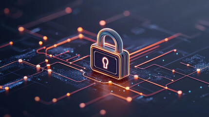 vibrant futuristic depiction of online privacy featuring digital padlock surrounded by glowing circuits and data connections, symbolizing security and protection