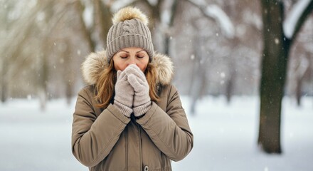 Woman in winter clothing sneezing snowy park