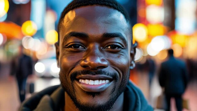 Close up of smiling man in urban setting with vibrant lights, conveying happiness and warmth in a lively atmosphere