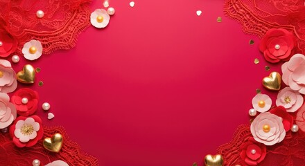 Red and pink floral arrangement with lace gold hearts