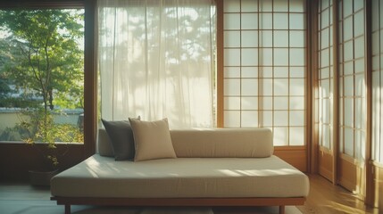 Fototapeta premium Sunlight Streams Through Sheer Curtains And Shoji Screens Onto A Minimalist Daybed With Neutral Pillows In A Serene Room.
