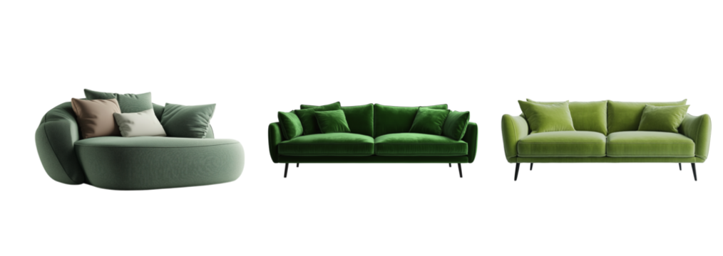 Set of Green Modern Sofa Furniture Set for Interior Design, PNG Transparent on White Background
