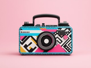 Retro geometric pattern camera on pink background - vibrant and trendy design