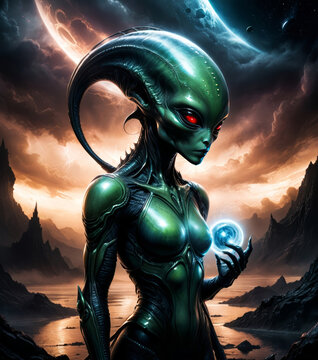 Powerful alien warrior holding a glowing orb with a dramatic cosmic landscape in the background