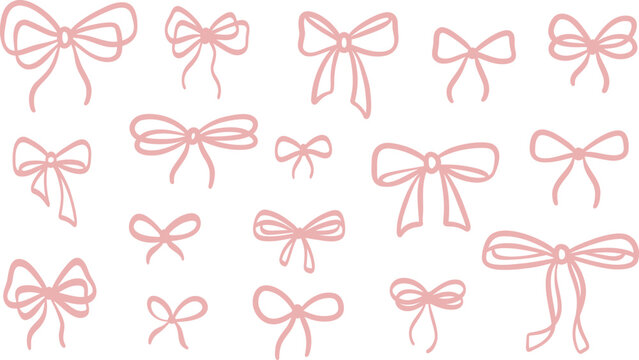 Cute pink bow illustration set, vector ribbon doodle clip art collection, isolated