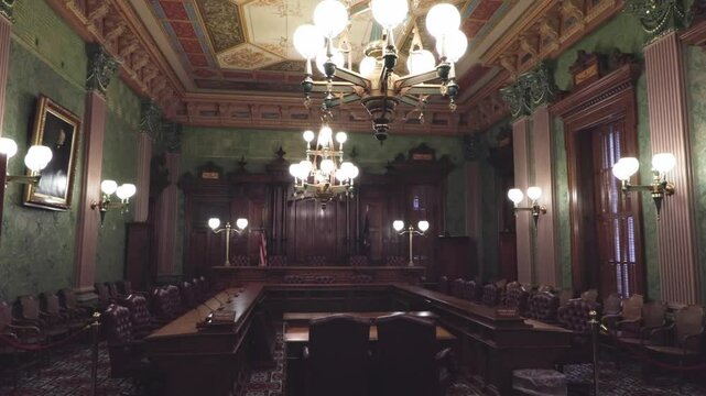 Old Supreme Court Room and Michigan Senate Appropriations Committee room inside the Michigan state capitol with stable video.