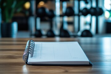 Fitness planner on a wooden table with gym equipment in the background