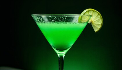 Vibrant Green Cocktail with Lime Wedge in Dark Rich Green Setting