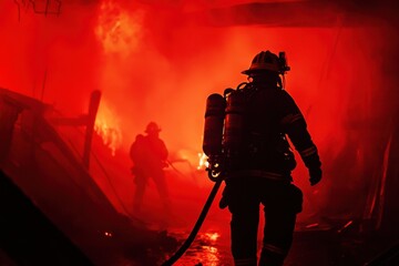 Fototapeta premium Firefighters combat a blaze in a dimly lit environment at night