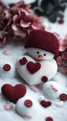 Romantic heart-shaped snowman with red scarf and soft light reflection: Snowy Valentines Day Aesthetics