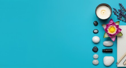 Spa composition with candles, stones, essential oils, and flowers on blue background