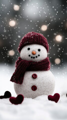 Fototapeta premium Romantic heart-shaped snowman with red scarf and soft light reflection: Snowy Valentines Day Aesthetics