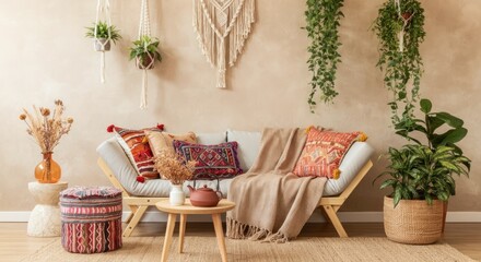 Cozy boho living room with plants and macrame decorations