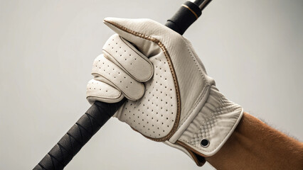 of golf glove gripping club handle, showcasing detail and texture