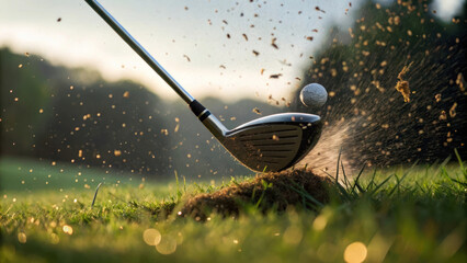 detailed shot of golf club head striking ball, capturing action and excitement of game