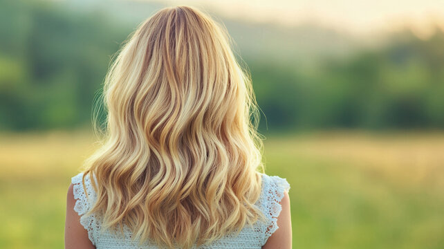 Long wavy hair with ombre highlights in natural setting