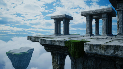 Fototapeta premium Dramatic Futuristic Cityscape Suspended in Mid-Air with Ancient Architectural Elements