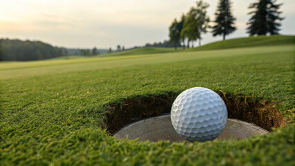 Fototapeta premium golf ball rolling into hole on pristine green course, surrounded by trees and serene landscape