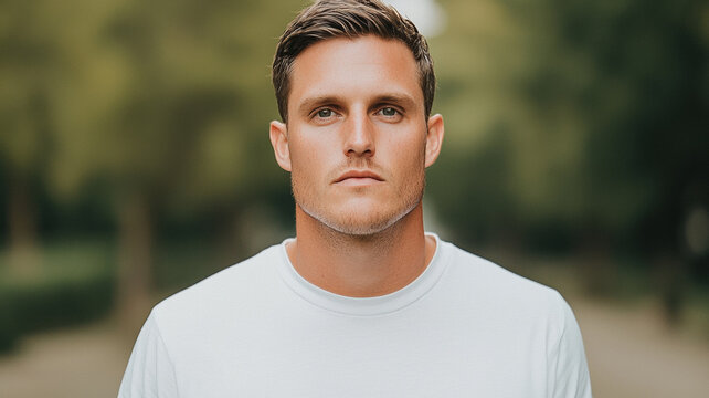 confident man with crew cut hairstyle, dressed in simple t shirt