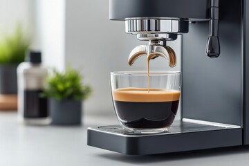 Modern espresso machine pouring fresh coffee in minimalist kitchen setup