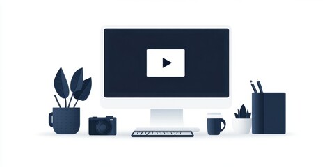 Minimalistic workspace with computer screen displaying play button