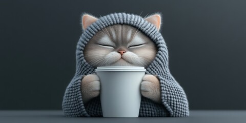 Cozy cat in a hoodie enjoying a warm drink