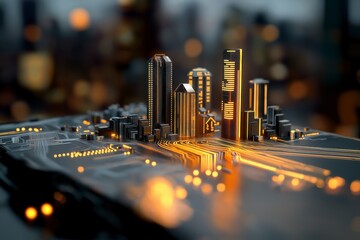 Futuristic Cityscape with Circuit Board Design and Glowing Lights at Dusk