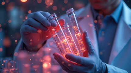  Micro Photography of Scientist Holding Medical Testing Tubes: Blood Cells and Virus Cure Using DNA Genome Sequencing Biotechnology