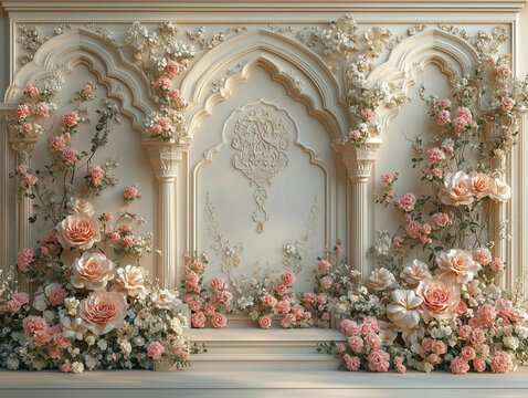 white royal luxurious gold islamic arabian arabic ornament moslem mosque arch 3d peach pink flower floral photo studio backdrop background wallpaper design wall entrance door