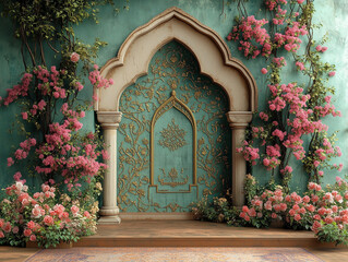 royal green mint turquoise gold arch arabian arabic moslem mosque pink peach flowers vintage retro photo studio backdrop background wallpaper design entrance door 