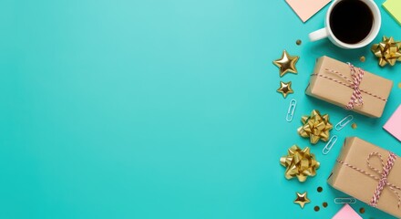 Festive flat lay with gifts, coffee, and decorations on turquoise background