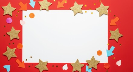 Blank white rectangle on red background with stars and shapes