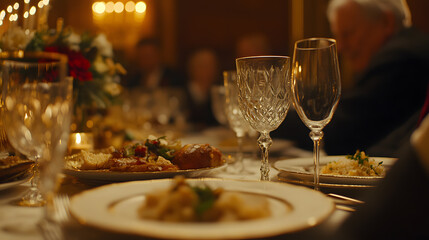 Elegant dinner party scene.  Candlelight illuminates a table set with fine china, crystal glassware, and delicious food.  Blurred guests add to the luxurious ambiance.