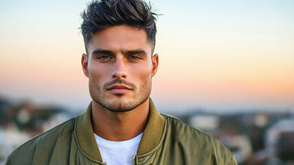 Stylish man with fade haircut wearing bomber jacket at sunset